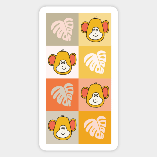 Monkeys and Monstera Leaves in checkers pattern Sticker